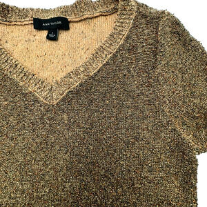ANN TAYLOR | Womens Small Wool Gold Brown V-Neck Metallic Sparkle Sweater Ribbed